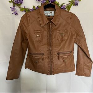 “SugarFly” Brown Faux Leather Bomber Jacket